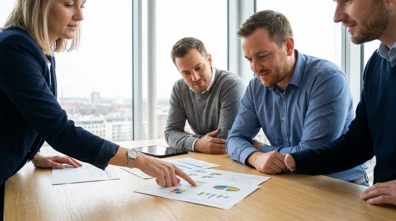 Team bespricht Auswertungsdiagramme an einem Konferenztisch